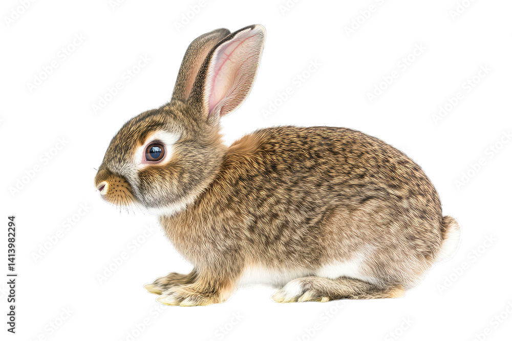 Poster a side view of a small brown rabbit with distinctive markings and large ears set against a white bac