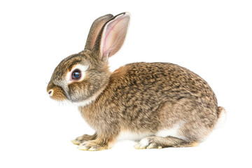 Obraz premium a side view of a small brown rabbit with distinctive markings and large ears set against a white background. rabbit's features and fur texture