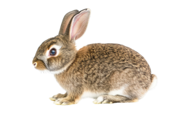 a side view of a small brown rabbit with distinctive markings and large ears set against a white background. rabbit's features and fur texture