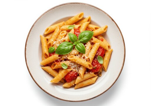 A top down view of penne pasta with tomatoes and basil on a plate against a white background plain view