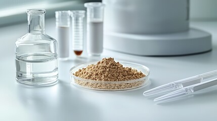 Laboratory bench setup featuring petri dish with stevia powder and sterile tools