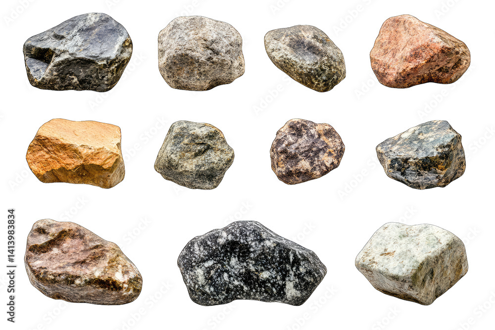 Aufkleber various rocks displayed on a white background showcasing different textures colors and shapes for ed