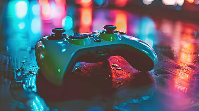 Colorful game controller on black surface symbolizing digital entertainment and gaming promotions. Modern technology and interactive leisure concept for gamers.