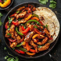 A sizzling fajita skillet with juicy grilled chicken, colorful bell peppers, and onions, served with warm tortillas. Perfect for a Mexican-themed dinner, vibrant and delicious