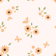 Obraz premium Seamless pattern with cute wild flower, green leaves and butterfly cartoons on pale orange color background vector.