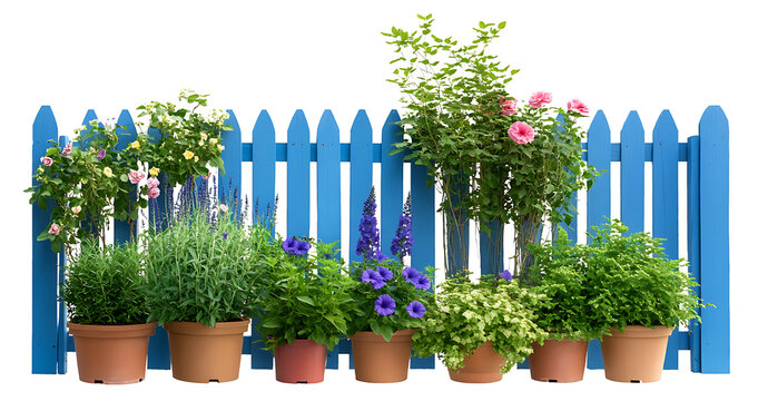 Collection of potted plants and flowers arranged in front of a blue picket fence (Petunia, Marigold, Rose, Lavender, Boxwood, Ornamental Grass). PNG, isolated on transparent background with clipping