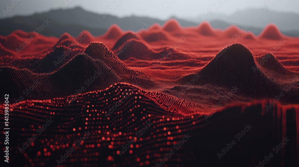 Poster abstract red and dark landscape with textured digital hills and fields
