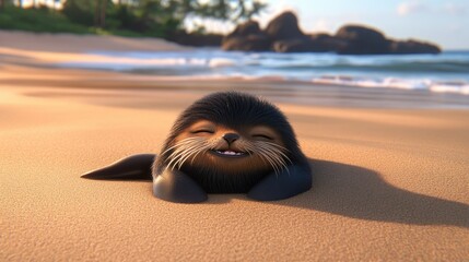Obraz premium A smiling seal rests happily on a sandy beach surface