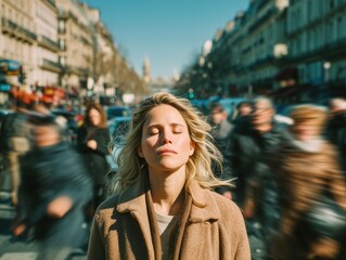 Blonde Caucasian woman in a beige coat standing still with closed eyes in a busy European city street filled with motion-blurred pedestrians