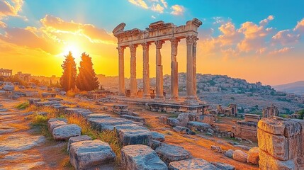 Fototapeta premium Ancient ruins bathed in golden sunset light.