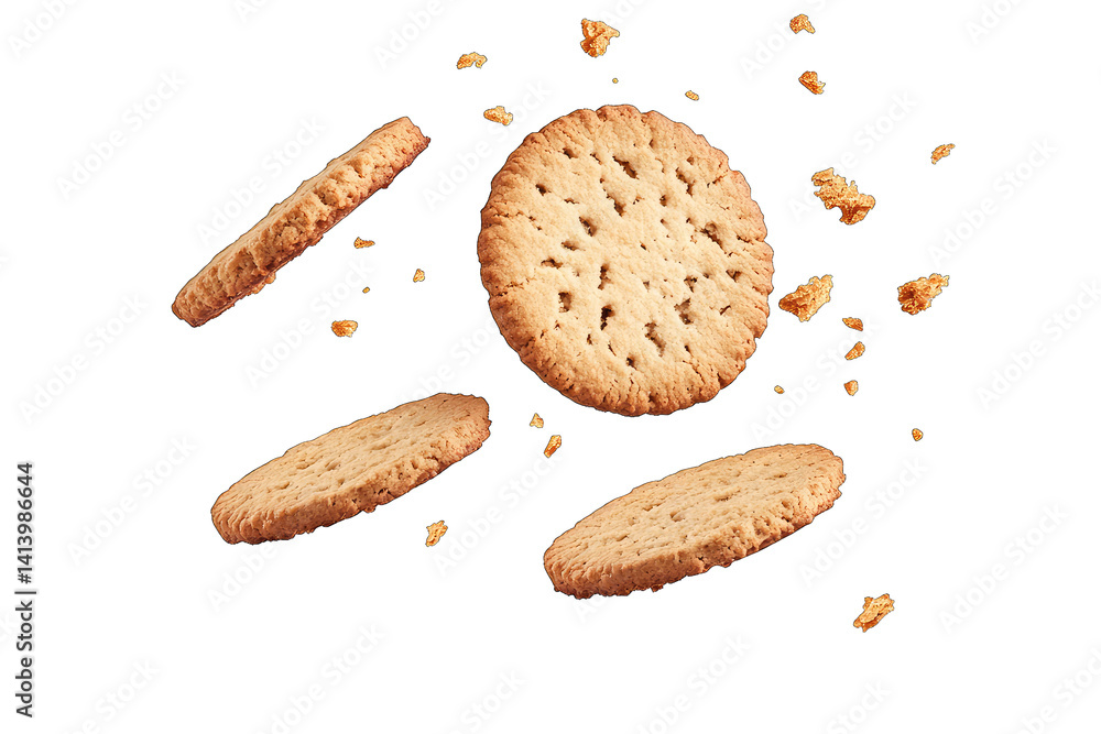 Poster several cookies floating in mid-air with crumbs scattered around them creating a dynamic and appetiz