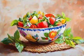 Vibrant painted bowl of mixed salad with tomatoes, basil, and other vegetables.