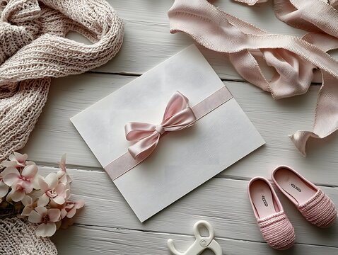 Delicate gift card and baby accessories on a cozy background