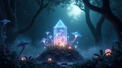 Concept art style, mysterious glowing crystal cluster surrounded by bioluminescent plants and fungi in a dark forest glade, moonlight filtering through leaves