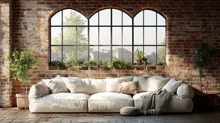 Obraz premium Rustic, bright living room with a large arched window.