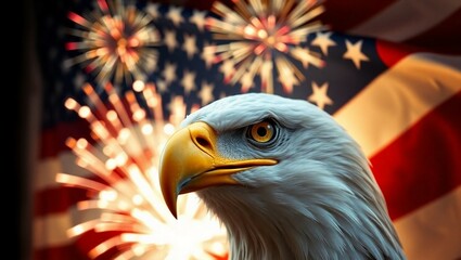  proud bald eagle head in front of a waving USA flag with fireworks in the background