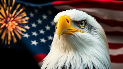 Naklejka premium proud bald eagle head in front of a waving USA flag with fireworks in the background