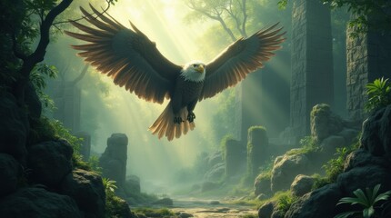Fantasy illustration, a majestic eagle soaring above ancient crumbling stone ruins in a jungle, glowing light rays breaking through mist, dynamic low angle view with lush green overgrowth 