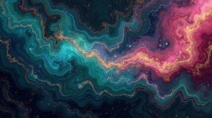 Fantasy illustration, swirling marble-like patterns in vivid jewel tones—emerald, sapphire, ruby—on a dark background with shimmering metallic accents and dreamy fluid texture