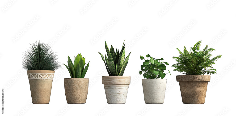 Poster five potted plants arranged in a row showcasing various types of greenery in simple earthy pots agai