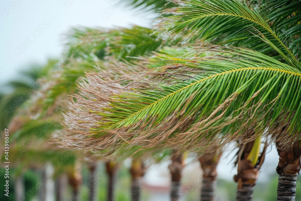 Poster closeup view of palm tree leaves swaying gently in the breeze on a tropical pathway, a close-up view
