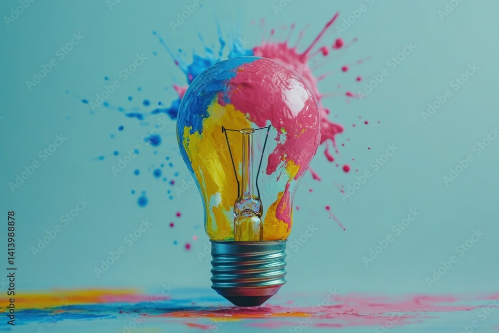 Aufkleber creative light bulb splashed with vibrant colors in a unique artistic display, creative light bulb w