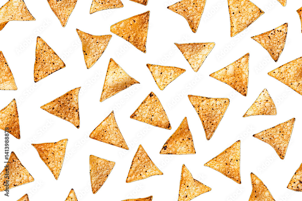 Aufkleber golden-brown tortilla chips scattered on a white background showcasing their crispy texture and tria