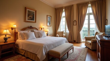 Obraz premium Photorealistic hotel room, European-style decor with warm lighting, large bed, seating area, and open balcony with curtain blowing gently, inviting atmosphere for a room tour