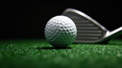 close-up of white golf ball on green artificial turf with metal club beside it, dramatic side lighting and shadow play