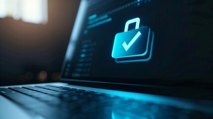 Close-up of laptop screen showing glowing blue update progress bar with percentage indicator, software installation or system upgrade process, digital technology and computer maintenance concept.