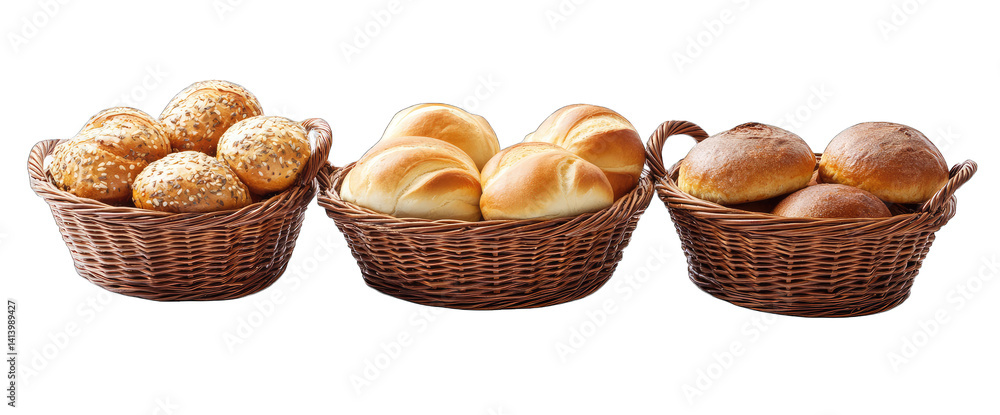 Poster three baskets of assorted bread rolls showcasing a variety of textures and shapes ideal for a bakery