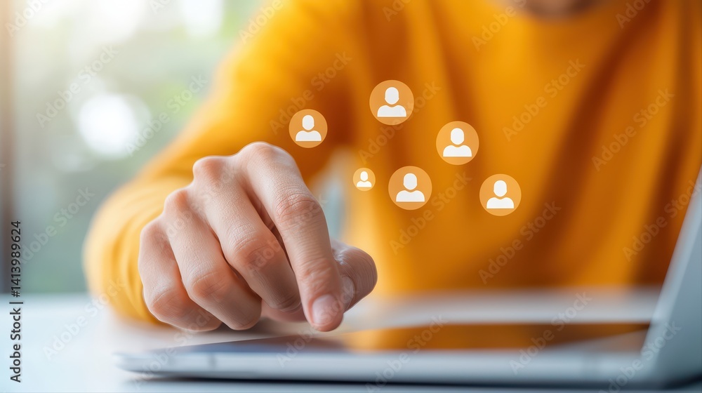Aufkleber hand selecting online user connection icons on digital device