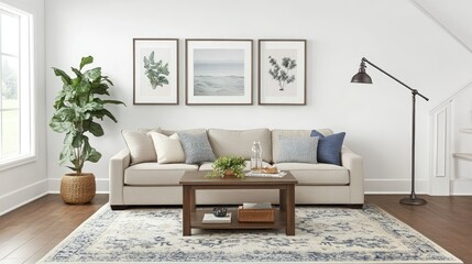Beige sectional sofa and coffee table with artwork in a light-filled living room.