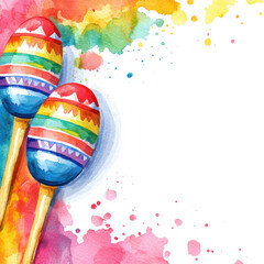 Cinco de mayo Blank Background of Colorful watercolor maracas with vibrant splashes and blank space for text, Nacho Illustration with copy space and negative space for text