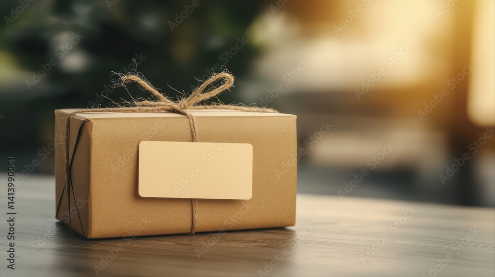 Poster rustic brown package wrapped with twine on table in soft light
