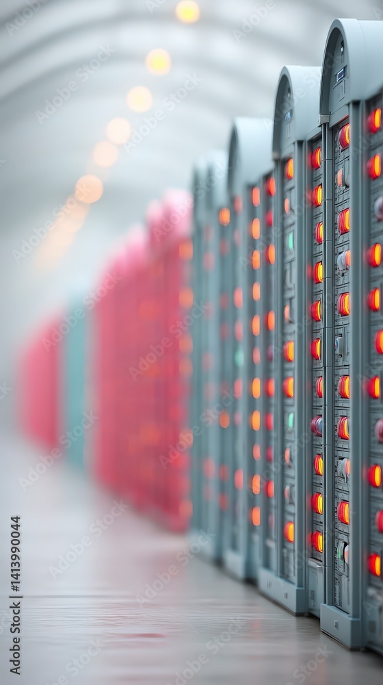 Poster illuminated server racks data center technology closeup