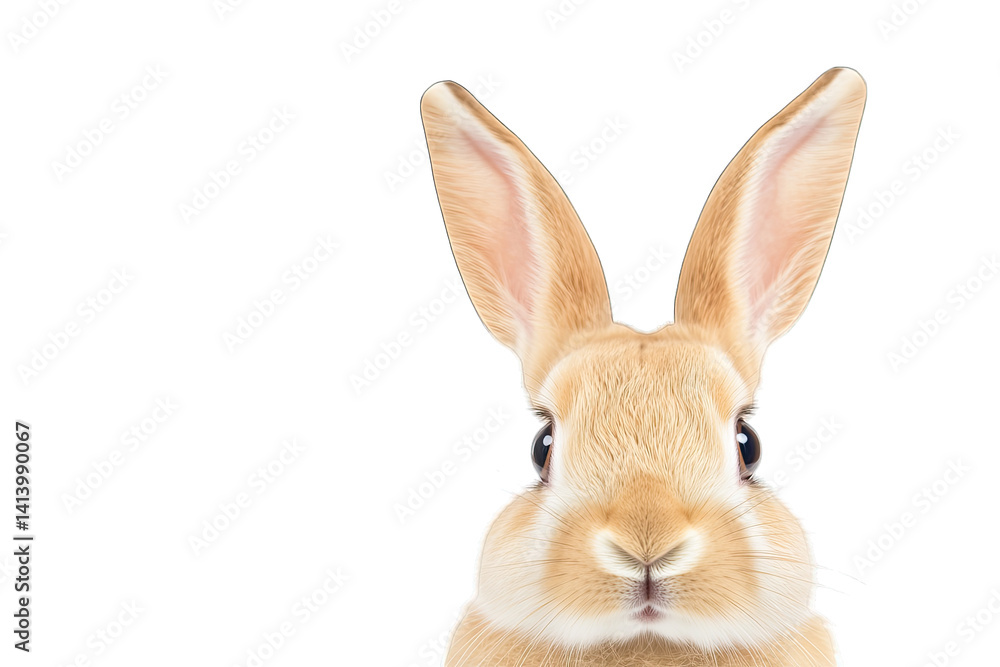 Poster cute light-colored rabbit with large ears and expressive eyes against a plain white background empha