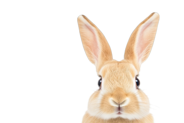 cute light-colored rabbit with large ears and expressive eyes against a plain white background emphasizing its features and charm