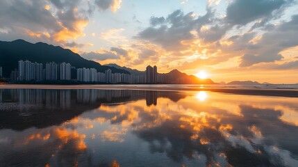 Coastal City Sunset Reflection Orange and Yellow Hues Over Calm Water