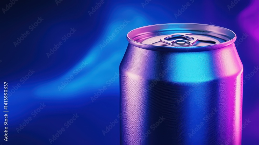 Poster metallic can with open tab on colorful background of blues and pinks