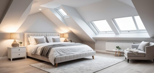 Luxury attic bedroom interior features a comfortable white bed with pillows, a lamp, and window design