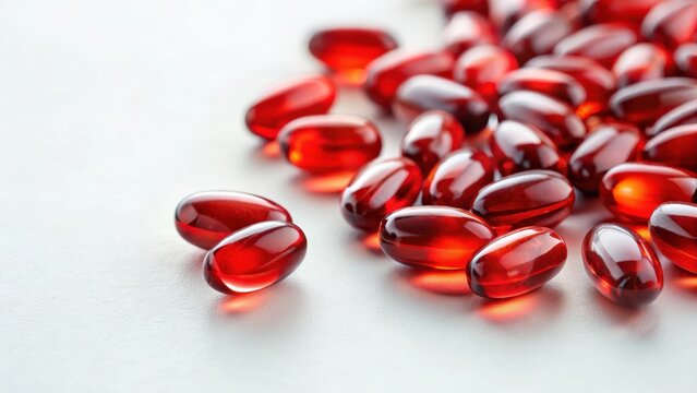 Tiny red krill oil capsules scattered on a white surface, small, krill,  small, krill, food, red, round, nutritional supplement