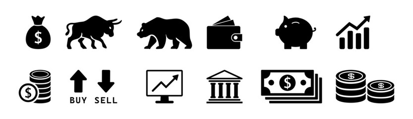 Set of financial and investment icons including bull and bear markets, wallets, coins, stock market trends, bank, and money symbols. Ideal for fintech, trading, and finance projects.