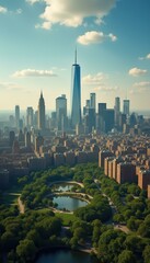 Obraz premium Expansive aerial view of a dense cityscape featuring modern skyscrapers and lush green parks under a bright sky