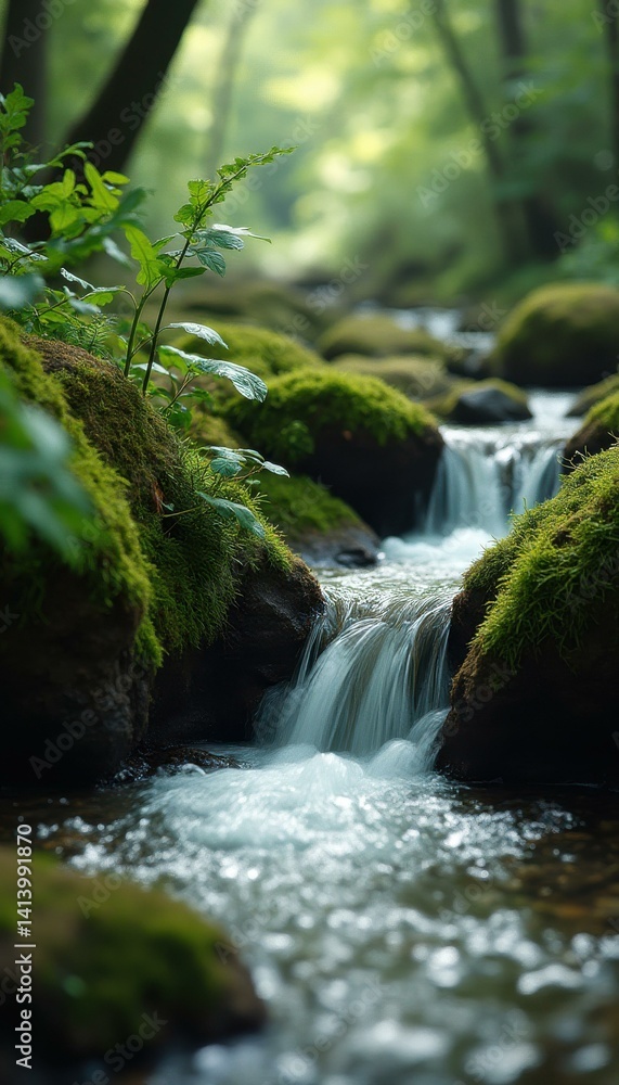 Aufkleber forest stream cascading over mossy rocks, creating a serene and peaceful natural scene with lush gre