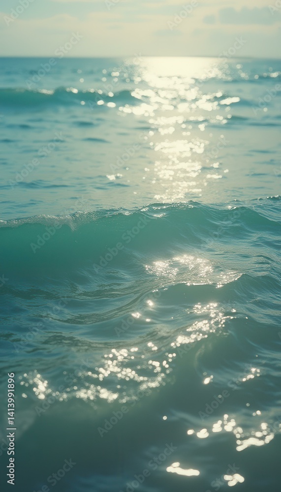 Poster serene ocean surface reflecting sunlight, gentle waves and azure blue water create a relaxing coasta