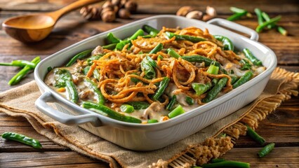 Golden brown casserole dish filled with green beans
