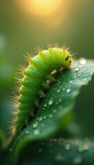 Fototapeta premium Vibrant Green Caterpillar Crawling on Leaf with Water Droplets in Golden Light