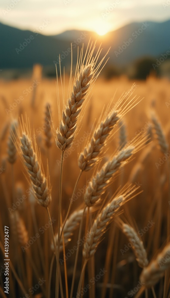Poster golden wheat field at sunset with close-up of wheat ears in warm light and mountains in the backgrou