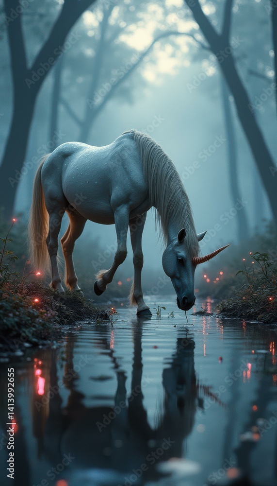 Poster mystical white unicorn drinking water in a foggy forest stream with fireflies